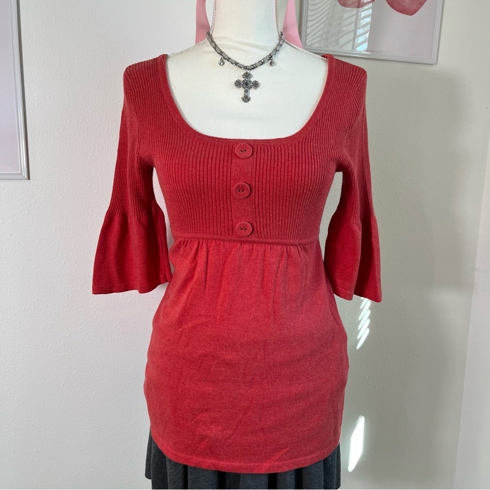 2000s Y2k Sonoma Coral Babydoll Bell Sleeve‎ Sweater Top Womens Size Small